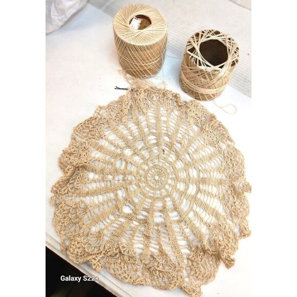 Handmade Beige Crochet Round Doily Table Decor Unfinished With Yarn - Picture 2 of 7